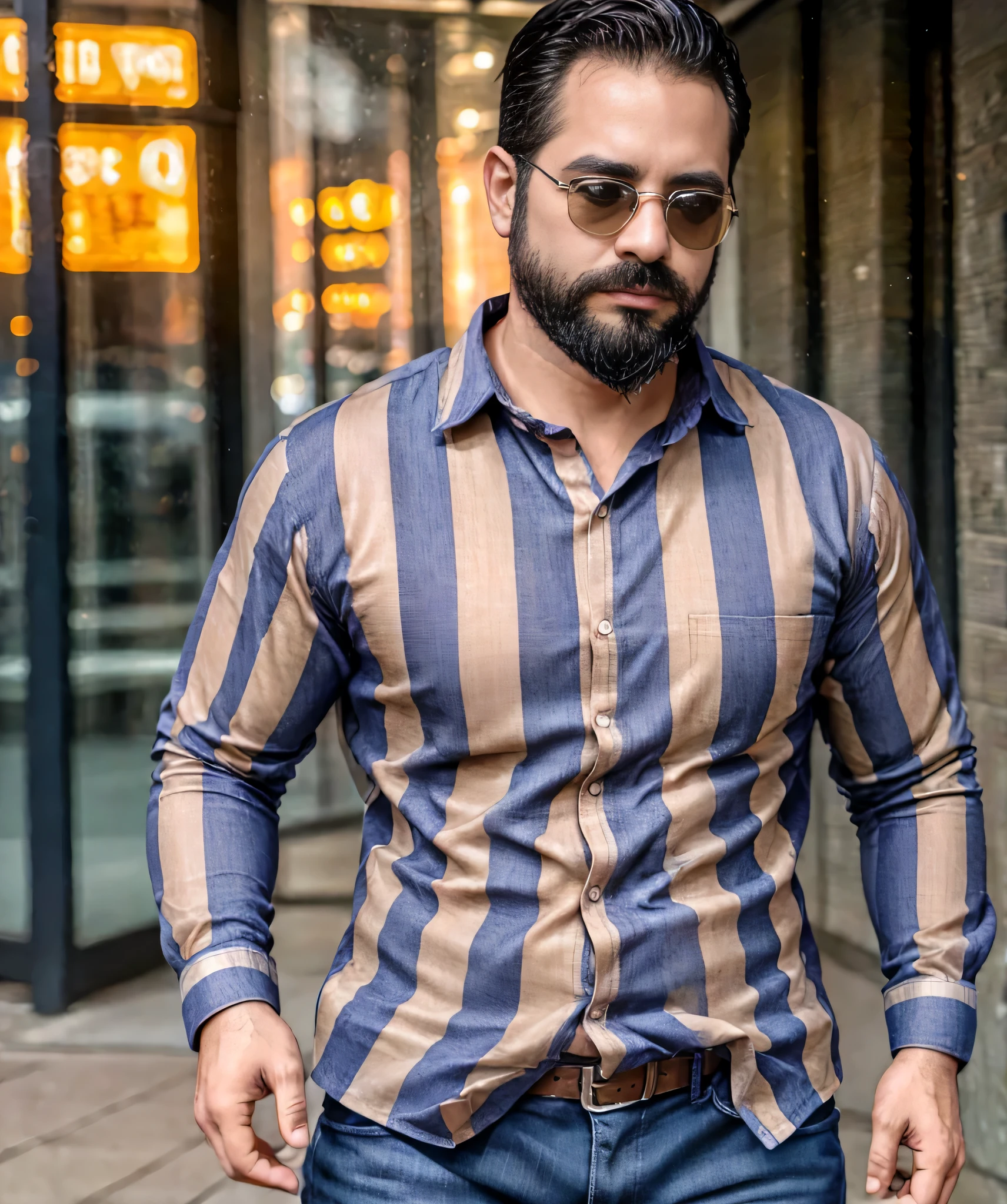 (best quality,4k,8k,highres,masterpiece:1.2), ultra-detailed, realistic:1.37, HDR, studio lighting, professional, vivid colors, bokeh, portraits, man in his late 30s, bearded, wearing sunglasses, wearing formal attire with checkered shirt, walking on the street.
