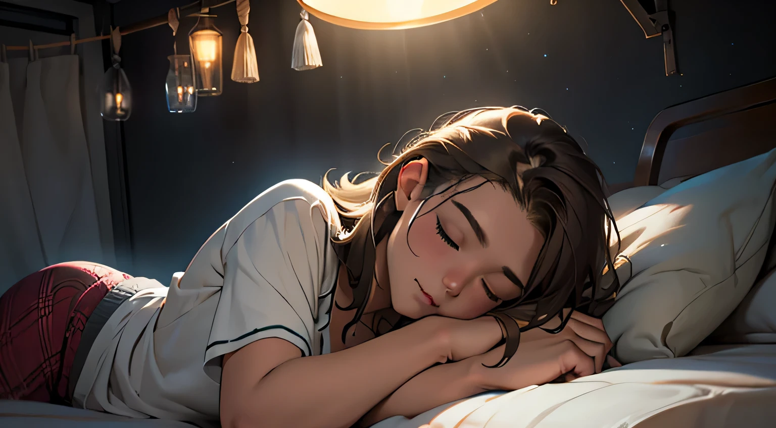 Sleeping teenage girl posing and lying inside a caravan truck next to the caravan truck door, put one's head on the pillow, dark night sky in mountain cave, rotation of light, rotation of the lamp, 22 years old, extremely realistic, She is wearing pajamas, brown hair. Perfect hands and perfect fingers. Perfect details of caravan truck