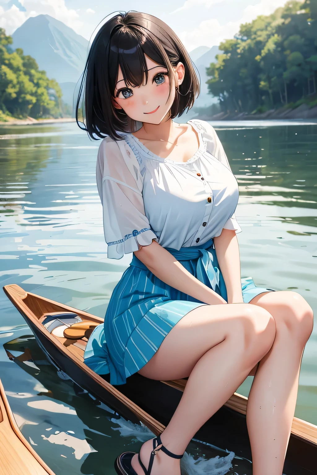 (highest quality:1.4)、(High resolution)、(detailed background)、(detailed beautiful face:1.4)、(anatomically correct)、(detailed facial expressions)、beautiful and smooth skin、beautiful teenage girl、two beautiful girls、(huge breasts:1.3)、cute hair color、braided bob、braided ponytail、realistic、perfect body line、Attractive big buttocks、thick thighs、relaxed atmosphere、cowboy shot、Thin, sheer white panties、Thin, sheer white bra、(underboob:1.3)、(skirt lift:1.3)、cute pubic hair、playfully、
(Two beautiful girls lifting their skirts to show us their panties:1.5)、
Beautiful girl in the sunset reflected on the river while rowing a canoe、Canoeing with a beautiful sunset view as a backdrop、While paddling a canoe in the gentle current、They intentionally splash water on each other while paddling a canoe.、They are smiling, splashing with water, and having fun joking with each other.、With the sound of the river flowing and the wind in the background、My clothes are wet and transparent、
Wear a loose shirt dress made of sheer material with the buttons open、My clothes are wet and transparent、wet、
Sneakers or sandals on your feet、sexual expression、Playfully smiling、panty shot、(underboob:1.3)、cute、cameltoe