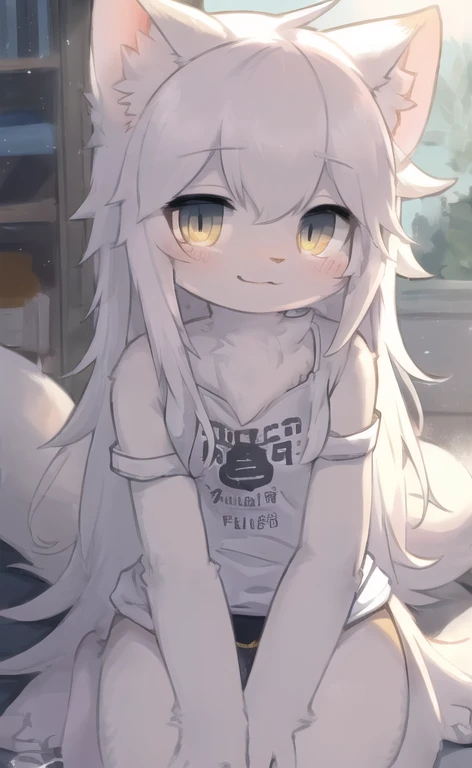 hairy, cute face, ambient light, Super fine fur, Volumetric light,white cat,Fluffy fur,long hair,short sleeves