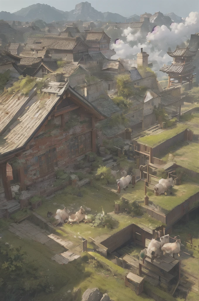 man, 欧洲middle Ages,farmer,dim,Western dragon,Sky中飞龙,farmer,livestock,animal,ox,sheep,dog,pig,Chicken and duck,farmland,village, Keep, outdoor, bird, permanent, cloud, arms, from behind, Sky, cloudy Sky, animal, Keep arms, Western dragon, monster, 1other, have, FOG, middle Ages,farmland,river,war