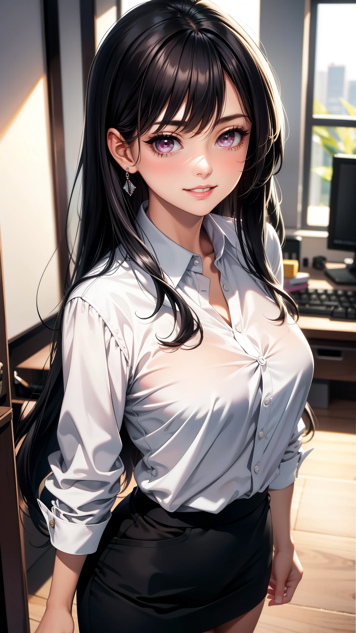(best quality:1.1), (Masterpiece:1.2), High quality shadow, beautiful details, Beautiful face, Detailed eyes, depth of field, high resolution, best shadow, best light, 1 girl, see the audience, black hair, smooth, blunt, long hair, pink eyes, shy, big breasts:1.8, black short skirt, women's shirts, fashion suit jacket, pump, office woman,rift, smile, office background, sexy woman, Smooth posture hundred