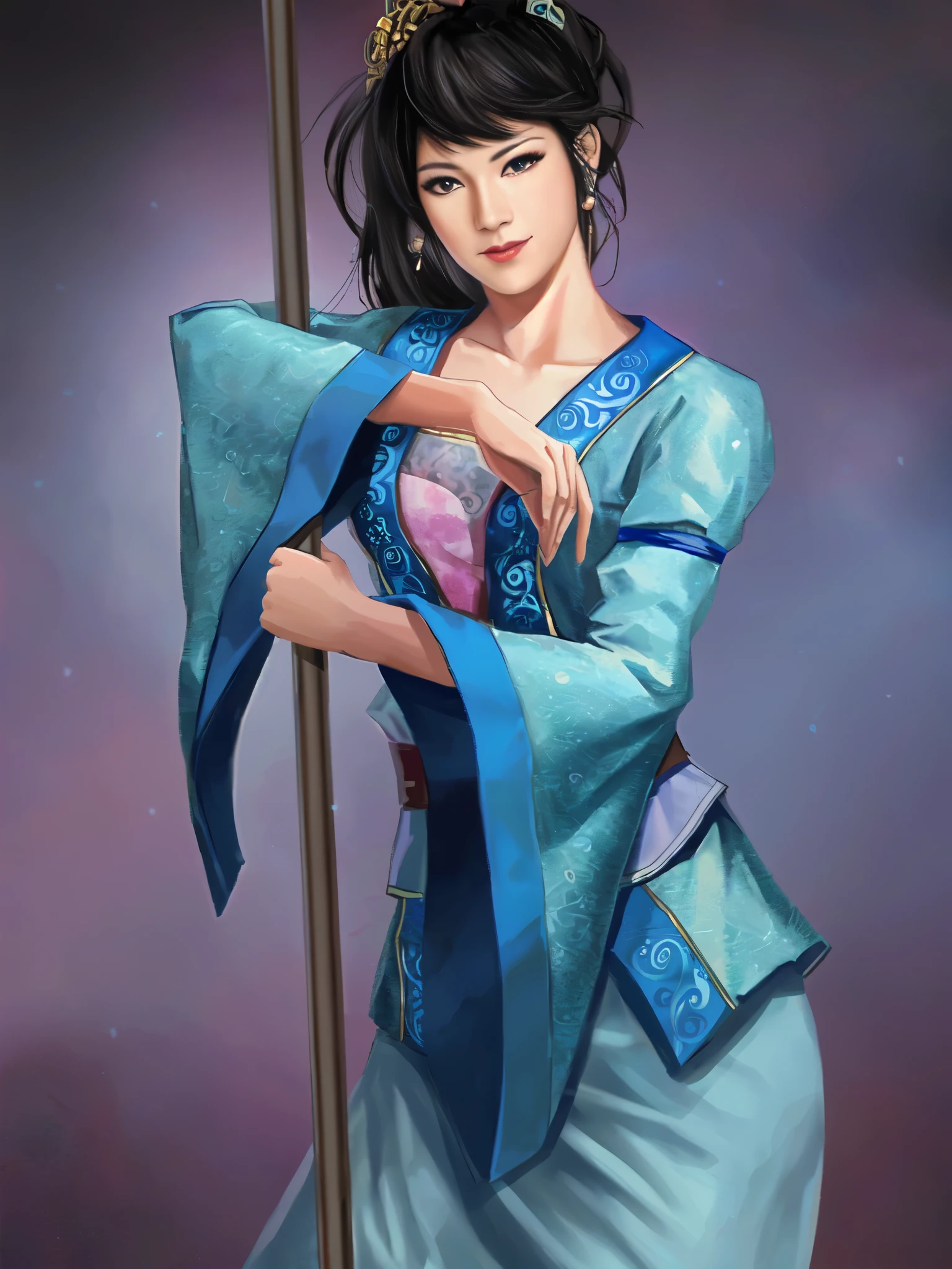 Arav woman in a blue dress holds a pole with a heart, inspired by trees, beautiful figure painting, Inspired by Zhu Lian, Inspired by Li Tang, Inspired by Cao Zhibai, Portrait of Mulan, yun ling, Inspired by Zhu Derun, Inspired by Lan Ying, Inspired by Wu Li, Black-haired mage