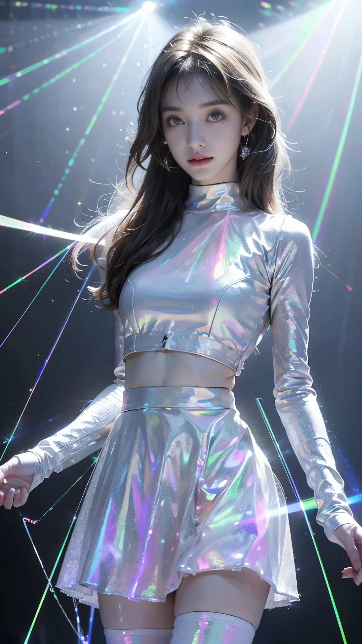 8K, ultra hd, masterpiece, 1 girl, (good face:1.4), detailed eyes, very long hair, impressive hairstyle, earings, necklace, small breasts, (glowing skirt outfit1.5), see-through, (white laser outfit:1.5), Light-colored foundation brings out the skin, (in the dark:1.5), mystery, (laser lights:1.8), glowing lights, very decoration, The laser falls like water, perfect front body,