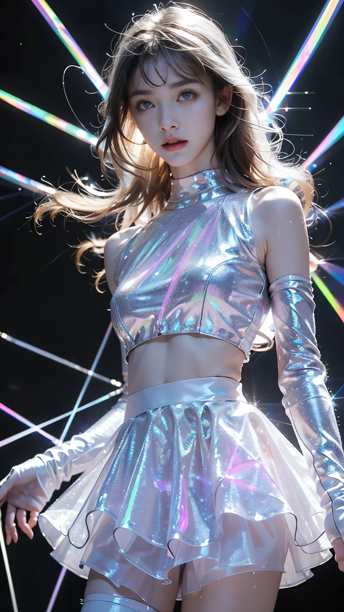 8K, ultra hd, masterpiece, 1 girl, (good face:1.4), detailed eyes, very long hair, impressive hairstyle, earings, necklace, small breasts, (glowing skirt outfit1.5), see-through, (white laser outfit:1.5), Light-colored foundation brings out the skin, (in the dark:1.5), mystery, (laser lights:1.8), glowing lights, very decoration, The laser falls like water, perfect front body,
