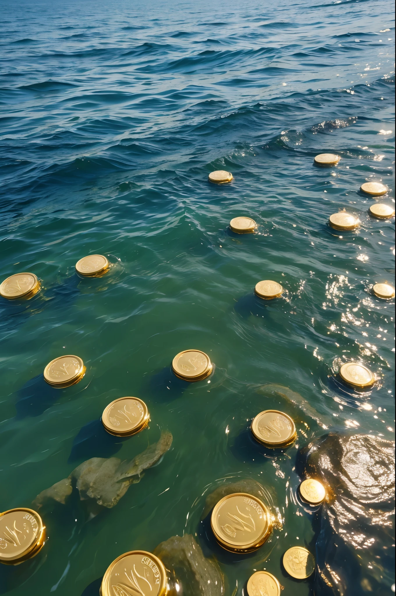 Gold coins floating in the sea,HD,8K