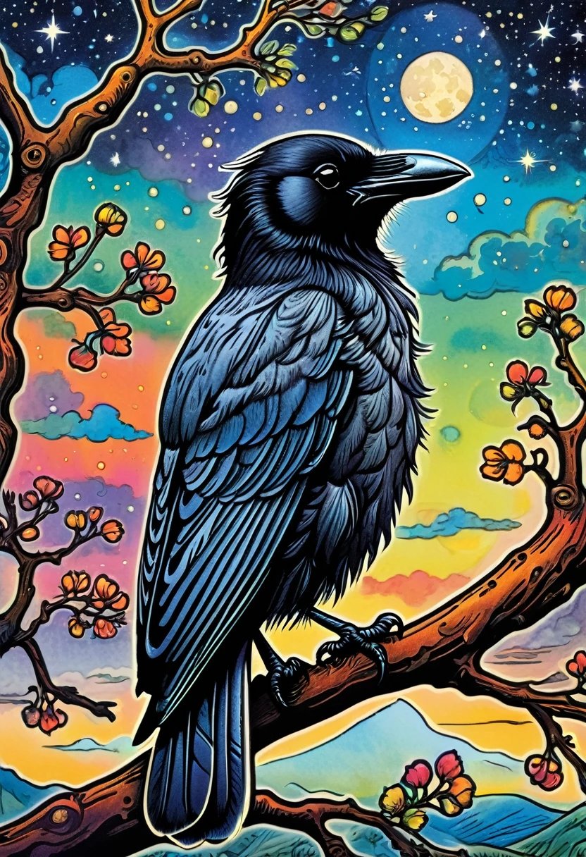 hooded crow on a branch (art by louis wain): psychedelic prints,dachshund under the night sky, ((illustration by louis wain)), 
(extreme detail), ((best quality)), ((masterpiece)), ((realistic)), (perfect) , 8k,, 8k, —q 4 —s 750