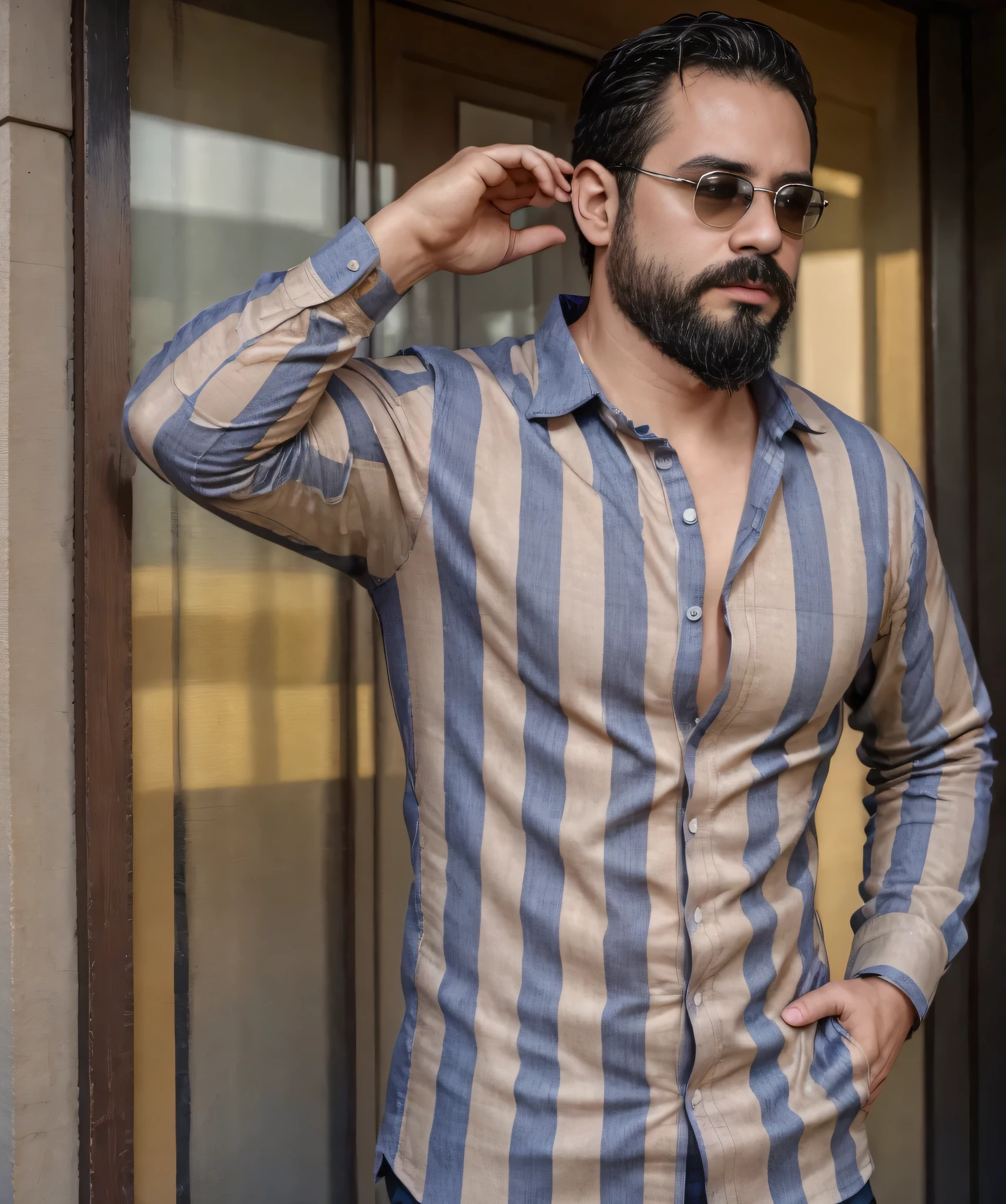 (best quality,4k,8k,highres,masterpiece:1.2), ultra-detailed, realistic:1.37, HDR, studio lighting, professional, vivid colors, bokeh, portraits, man in his late 30s, bearded, wearing sunglasses, wearing formal attire with checkered shirt, walking on the street.