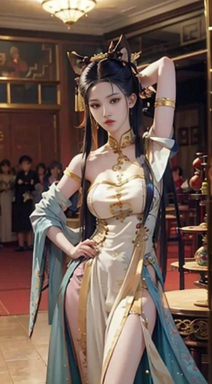 （from outside） ， many colors，best quality，masterpiece，realistic photos，intricate details，RAW photos，court，Gorgeous cheongsam，extra long hair，Off the shoulders，delicate face，Baogou，decorate，perfect fingers，anatomically correct，(The room is very big，0.8)，shiny skin，arms on hips