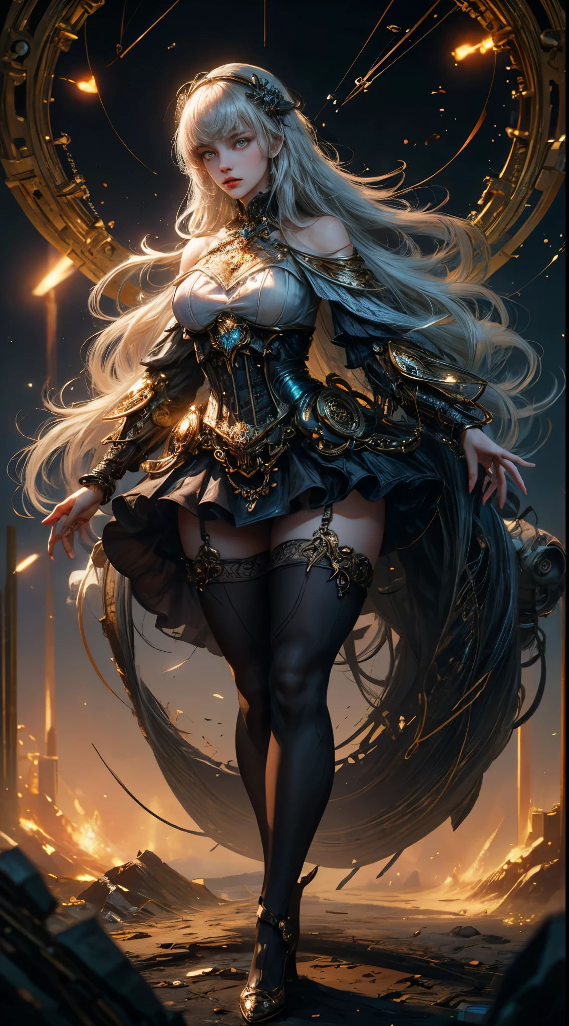 Wizard girl. Very pretty ,
(((masterpiece, best quality, raw photo, photorealistic, depth of field, ultra detailed, detailed face, very precise eyes))), Dynamic Action Pose, Invoke Magic, Mechanical Magic Weapons, very slender long legs, lace stockings on the knee, steampunk headgear, fluttering lace flared white mini skirt, off-shoulder white fashion with a fusion of detailed and intricate steampunk and detailed white gothic lolita, (((Very slender body, long, thin limbs))), upward and beautiful small breasts, (((Thick bangs))), (((princess cut))), Clean long white hair, long vertical curly hair, wind driven, futuristic complex steampunk factory background, infinite dark universe, flying celestial bodies, countless celestial neon lights raining down from the heavens, cinematic lighting decoration.
