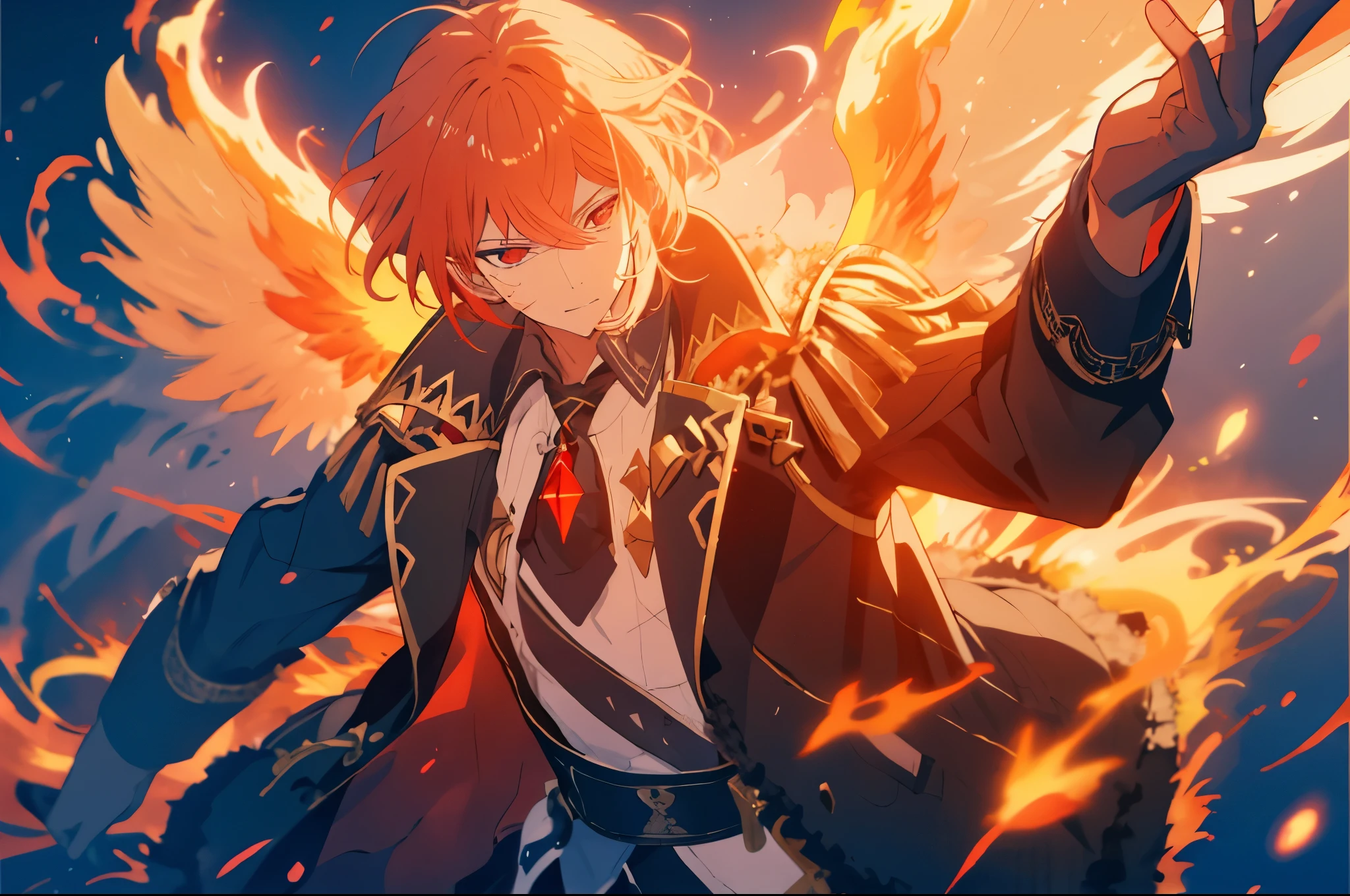 ((Best quality)), ((masterpiece)), (detailed), ((perfect face)) 1 male solo, mature, handsome, tall muscular guy, broad shoulders, diluc (genshin impact), red hair, brown coat, brown pants, black tie with red crystal, dramatic light, cinematic shot, anime screenshot, dynamic pose, dramatic shot, ((red eyes)), fire swirls, fire magic, fire sparkles and smoke, epic,r1ge, (((fire wings)))