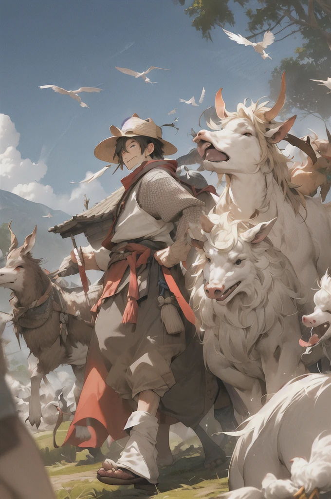 youth,man, 欧洲middle Ages,farmer,dim,Western dragon,Sky中飞龙,farmer,livestock,animal,ox,sheep,dog,pig,Chicken and duck,farmland,village, Keep, outdoor, bird, permanent, cloud, arms, from behind, Sky, cloudy Sky, animal, Keep arms, Western dragon, monster, 1other, have, FOG, middle Ages,farmland,river,war