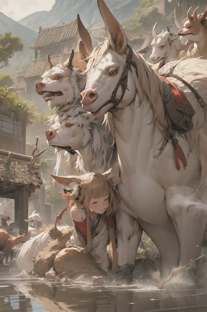youth，man, 欧洲middle Ages，farmer，dim，Western dragon，Sky中飞龙，farmer,livestock，animal，ox，sheep，dog，pig，Chicken and duck，farmland，village， Keep, outdoor, bird, permanent, cloud,  arms, from behind, Sky, cloudy Sky, animal, Keep arms, Western dragon, monster, 1other, have, FOG,  middle Ages，farmland，river，war