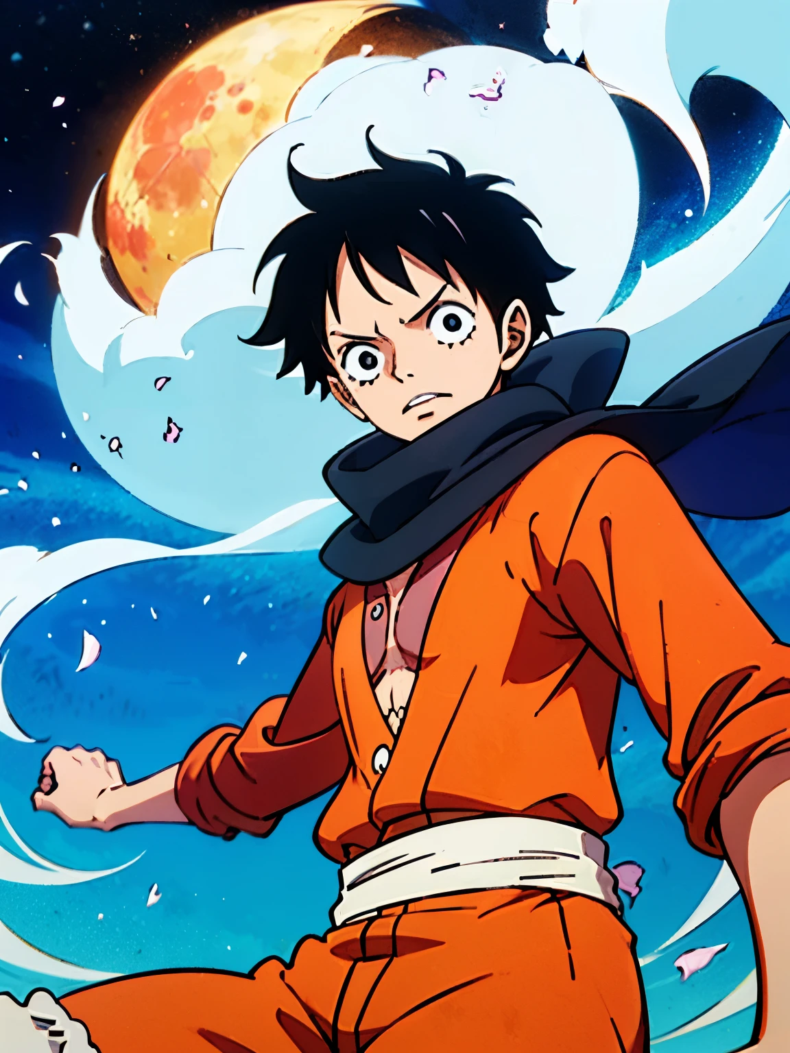 Anime character with straw hat and red shirt, 1 menino, shorts pretos, yellow scarf at waist, olhos pretos, capa preta nas costas, no solo rochoso, situation, 1 Luffy de One Piece, in the nighttime, luz baixa, Luz Natural, pose de luta, roupas danificadas, pele danificada, Sky background with 1 red full moon, luz baixa, raios de luz, Aura poder, particle floating, olhos zangados, rosto irritado, chateado, olhando para frente, Foco masculino, strong muscles, Closed hands, dedos bem formados, (8k muito detalhado), (melhor qualidade), (melhores sombras).
