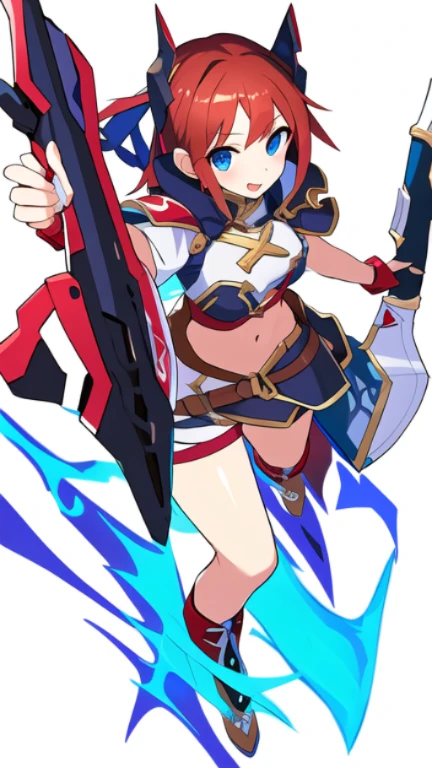 masterpiece, best quality, cute eyes, 1girl, solo, high fantasy costume, ((white background)), full body, holding weapon, crop top,