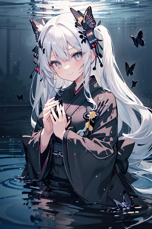 32k, perfect body, cute , cute smile, cute dress, long hair, white hair, black dress, ((black butterfly)), ((black butterfly hair ornament)), ((black butterfly shaped brooch)), ((black butterfly dress)), ((black ligth particle)), (((beautiful quality))), ((black kimono)), ((black Japanese clothing)), (((the floor is on the water surface))), ((full moon)),