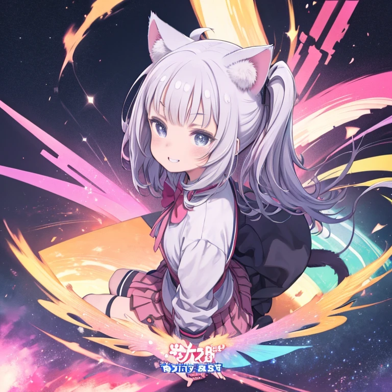 Anime colorful hair and colorful dress ((cat ears only daughter)), school uniform pastel vivid, The Los Draw manga is vivid., anime style 4k, beautiful anime portrait, art germ colorful!!!、! The bud of dream art, beautiful anime, cat ears 1 girl, anime style digital art, anime art wallpaper 4k, anime art wallpaper 4k, digital anime art, Highly detailed art buds, , full body, sitting in her office, gray hair, Front view, grin,
