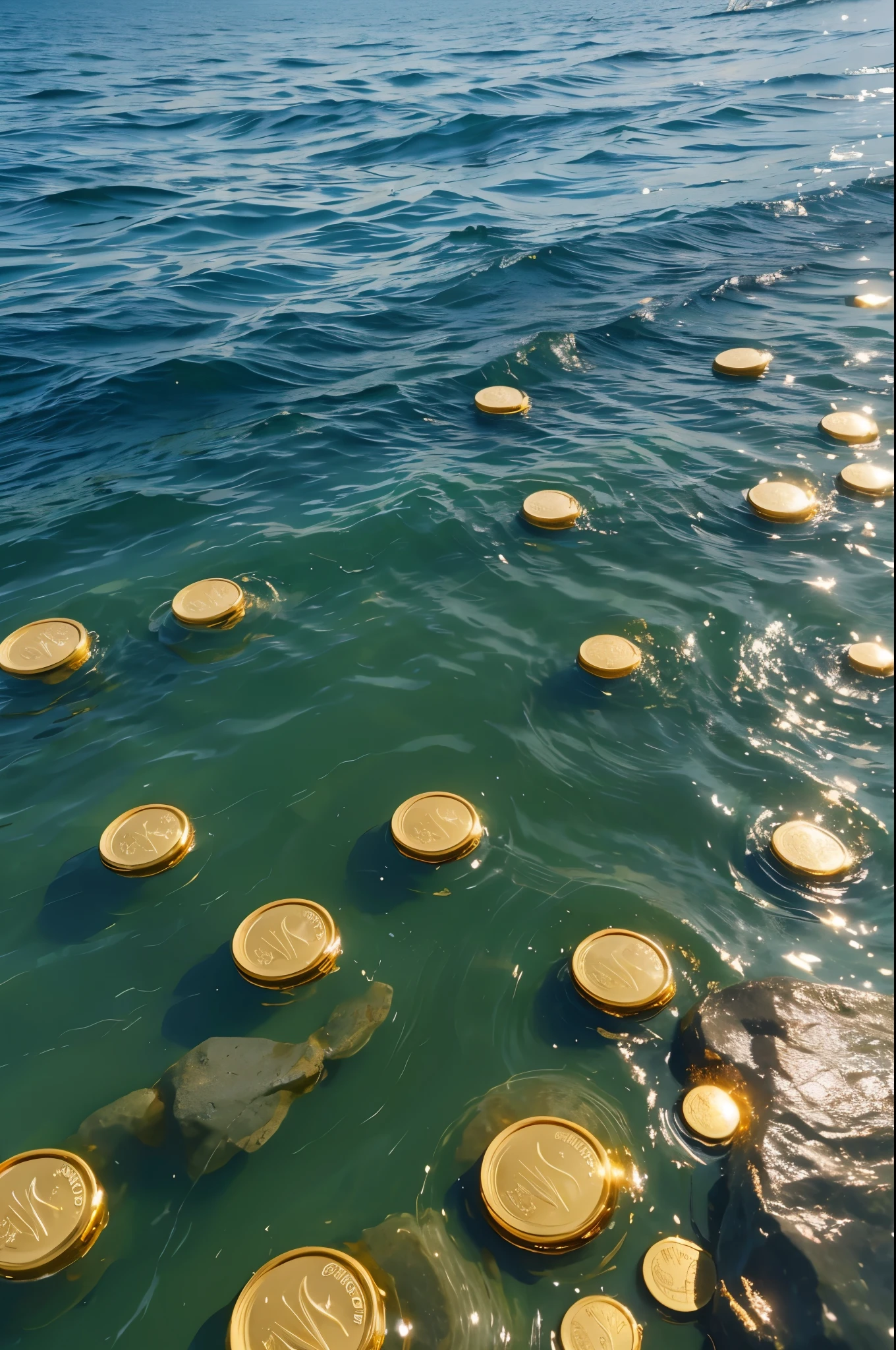 Gold coins floating on the clear ocean waves,HD,8K