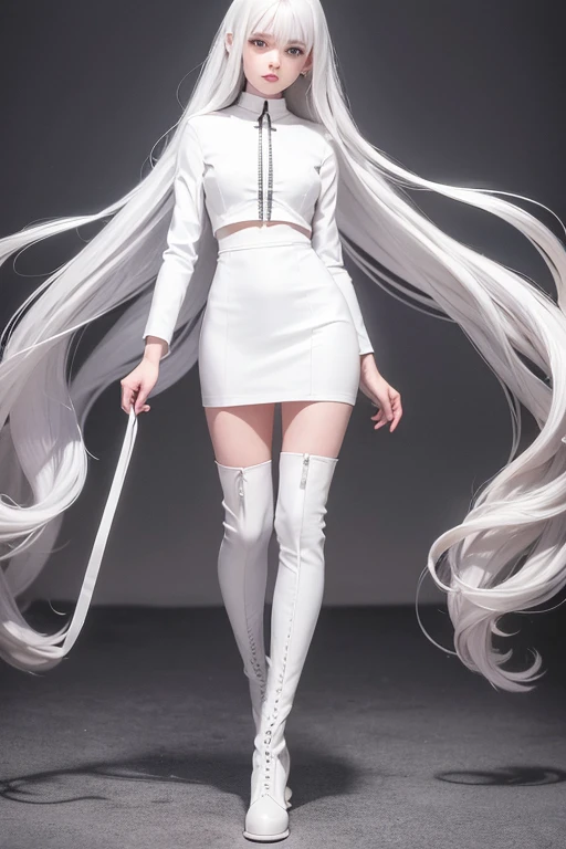 Silver eyes,silver hair,pale white skin,figure eight,wearing a flay partial short skirt and a white top,very long whute boots,with a very very long silvsilvesilver hair.