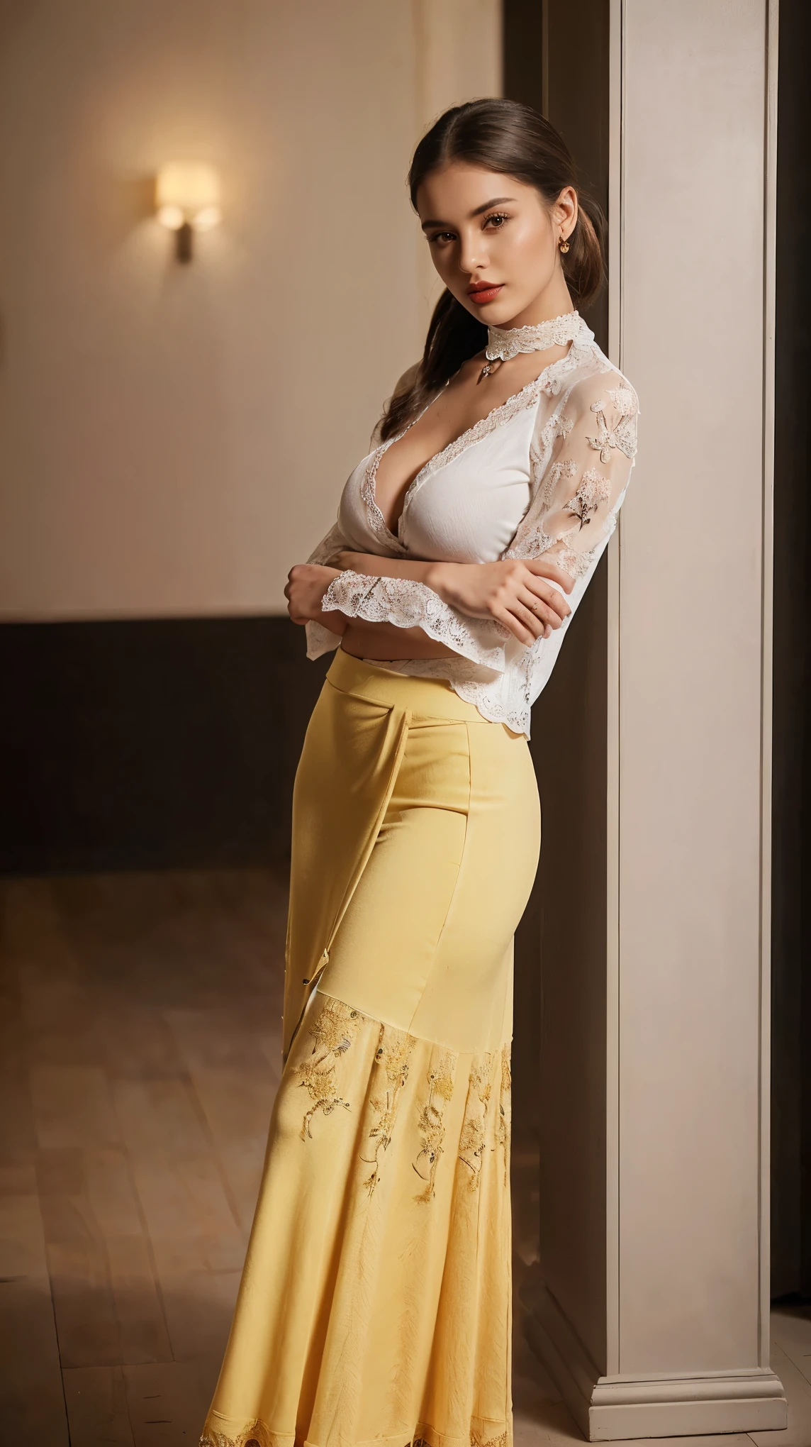 ((A girl in luxurious dance club), 1girl, solo girl, 20 year old girl, (full body shot:1.5), (Masterpiece:1.2), (hyperrealistic, hyperdetailed), (looking at viewers), sharpen, ultra realistic face, detailed face, detailed eyes, detailed lips, red lips, beautiful face, 16k, FHD, raw photo, pretty face mesh, intricate, extremely detailed, ultra realistic texture, smooth skin, realistic face, glow lip, very_high_resolution, perfect figure, fit body, beautiful ponytail hair style, fancy hair ornaments, (attractive perky breast, perky breasts, perfect rounded breasts, long areola, cleavage), (attractive body figure), (fancy high heel),
((Fancy yellow maxi skirt), bodycon maxi skirt, skinny hips, flared maxi skirt, bottom flare maxi skirt, (bottom flared maxi skirt), (fancy blouse, neck strap, deep neck, v-neck blouse, sleeves lace, embroidery blouse)),