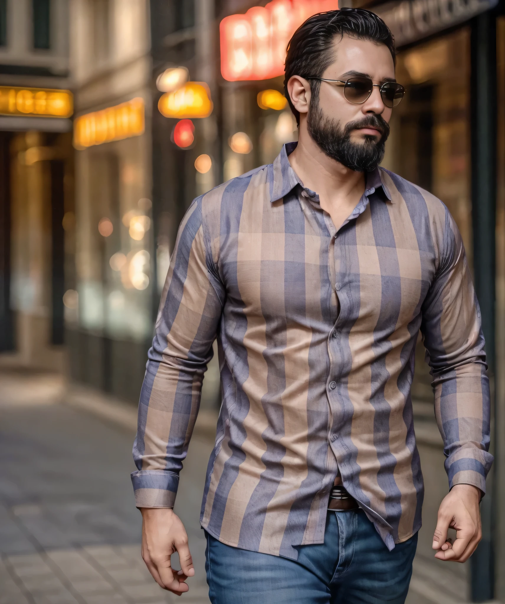 (best quality,4k,8k,highres,masterpiece:1.2), ultra-detailed, realistic:1.37, HDR, studio lighting, professional, vivid colors, bokeh, portraits, man in his late 30s, bearded, wearing sunglasses, wearing formal attire with checkered shirt, walking on the street.