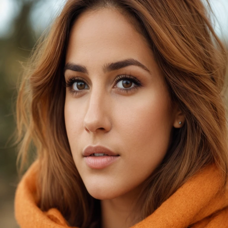 Arafed woman with an orange scarf and a brown eye., foto de una mujer hermosa, Cara extremadamente hermosa, girl with brown hair, hermosa cara atractiva, hermosa cara latina, rostro de mujer joven, brown hair and big eyes, cara hermosa y piel perfecta, hermosos rasgos faciales finos, woman's face looking off camera, Mujer Cara Hermosa, mujer atractiva
