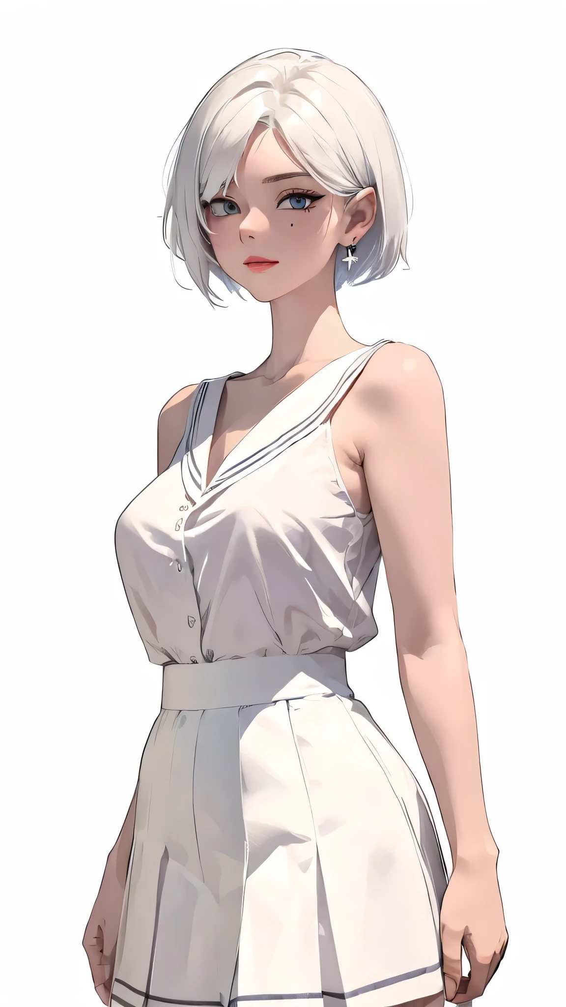 extremely detailed CG unity 8k wallpaper), (masterpiece), (best quality), (ultra-detailed), (best illustration), (best shadow), (absurdres) ,(detailed eyes), 2b, 1girl, short hair, white hair, solo, Intimidating women, casual clothes, elegant dress , hero pose, earings, elegant, Red lips, Sunlight, exposed to sunlight, mole near eyes, looking at viewer