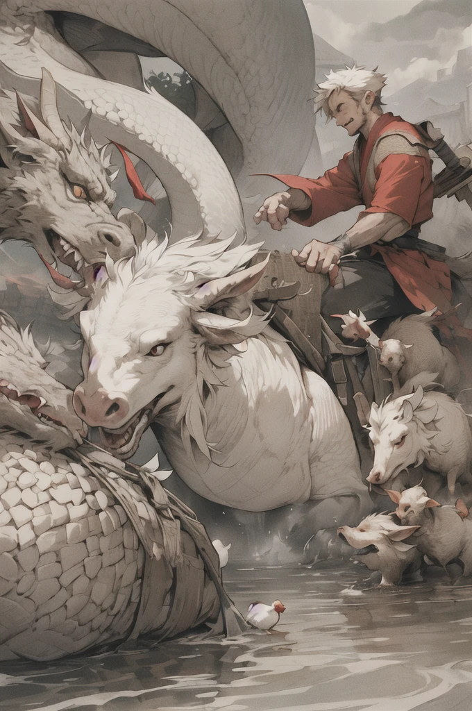 youth,man, 欧洲middle Ages,farmer,dim,Western dragon,Sky中飞龙,farmer,livestock,animal,ox,sheep,dog,pig,Chicken and duck,farmland,village, Keep, outdoor, bird, permanent, cloud, arms, from behind, Sky, cloudy Sky, animal, Keep arms, Western dragon, monster, 1other, have, FOG, middle Ages,farmland,river,war