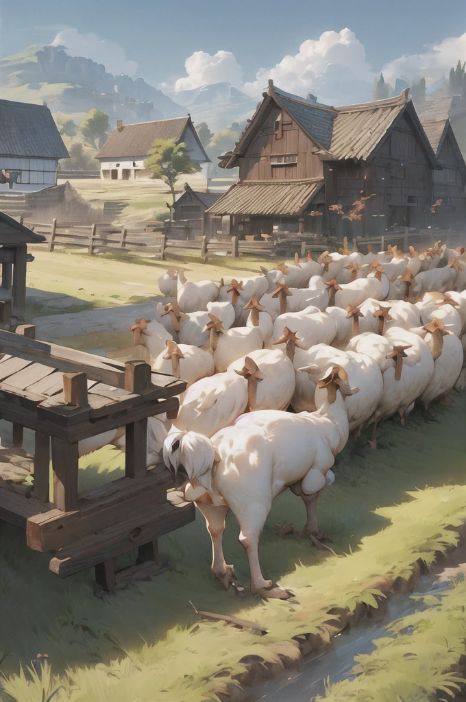 youth,man, 欧洲middle Ages,farmer,dim,Western dragon,Sky中飞龙,farmer,livestock,animal,ox,sheep,dog,pig,Chicken and duck,farmland,village, Keep, outdoor, bird, permanent, cloud, arms, from behind, Sky, cloudy Sky, animal, Keep arms, Western dragon, monster, 1other, have, FOG, middle Ages,farmland,river,war