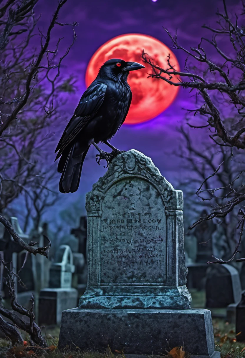 (best quality,8K,high resolution,masterpiece:1.2),(Super detailed,actual:1.37),at night,in the cemetery,A red-eyed crow perched on a tombstone，Surrounded by dead trees,The sky is purple，A strange green light emanates from above the red moon，Tombstone in liquid,close up
