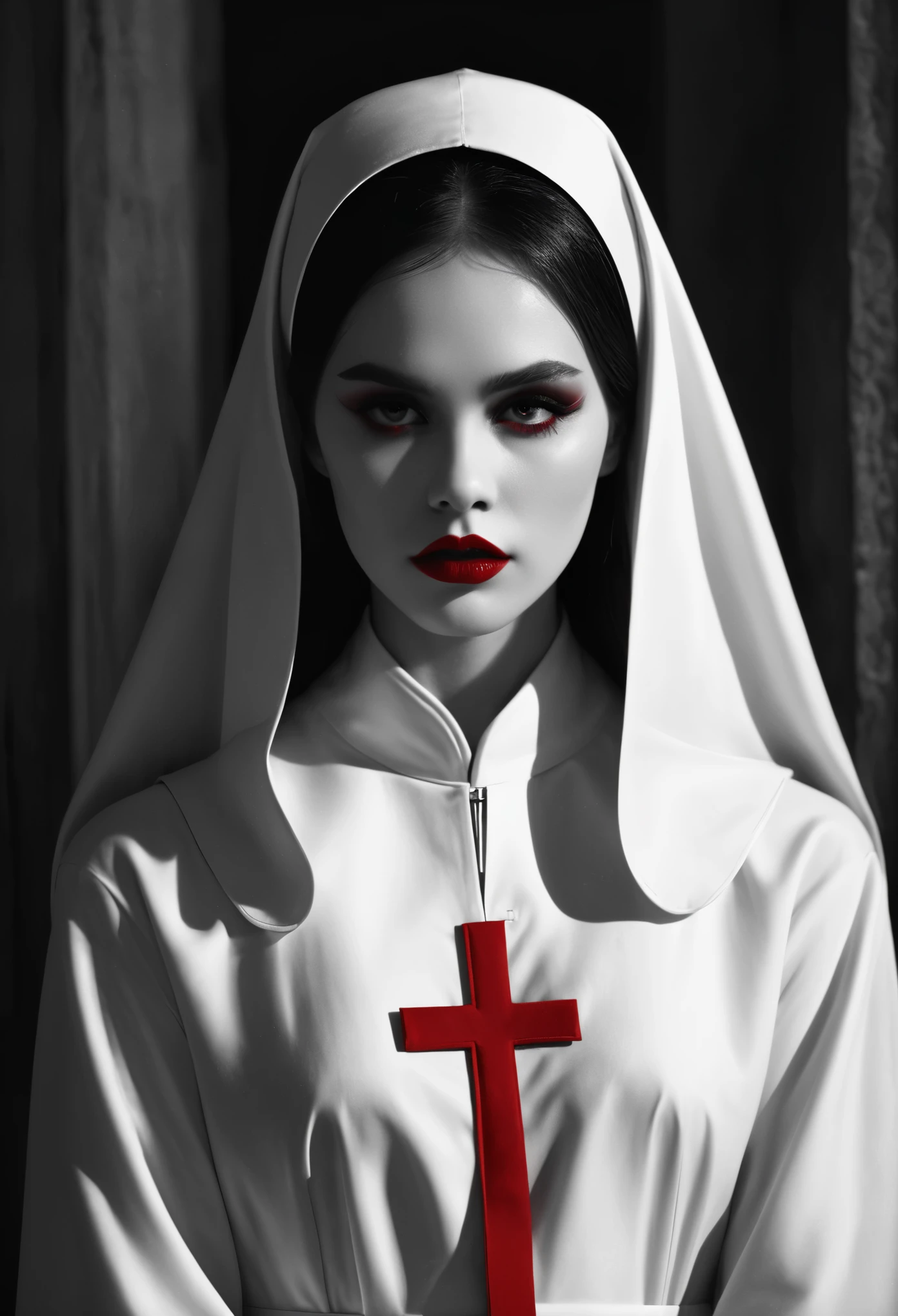 (masterpiece, top quality, 8k, best quality, official art, beautiful and aesthetic:1.2), closed church, Sisters' robes, ,description of a nun, fear, Gothic, Red accent on black and white, red lips, 수녀뒤에 서있는 검은 devil 형상, devil, The Exorcist, exorcism, Ectoplasma
