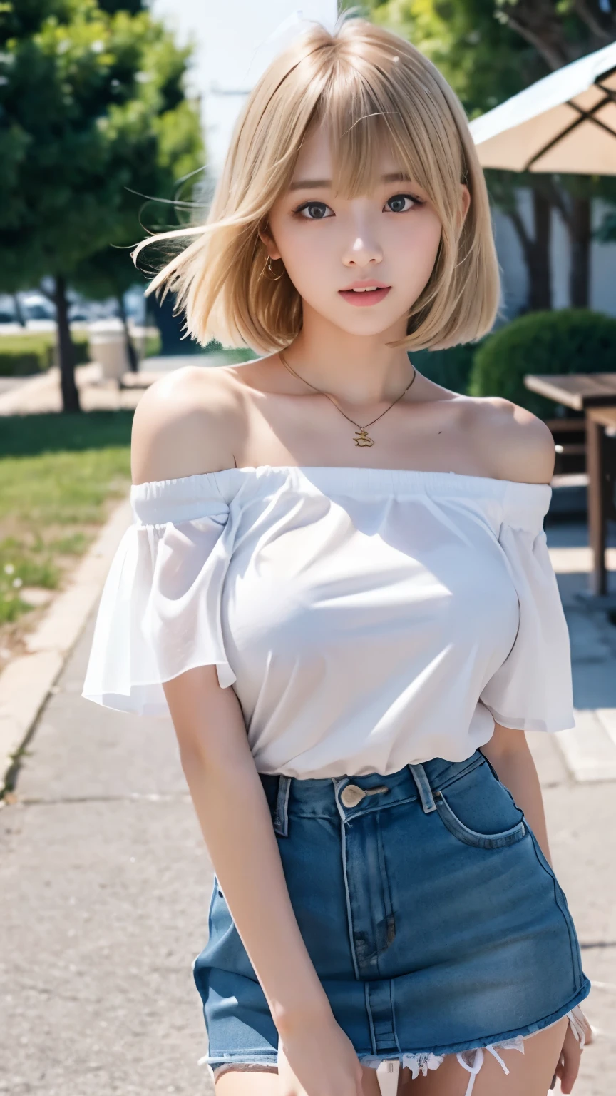sexy big breasts、Sexy cute looks and cute  beautiful girl, Beautiful and sexy face、The strong wind blows the hair in front of my face、A short-haired blonde with cute, sexy eyes hidden by long bangs.、Off-the-shoulder t-shirt、Tulle miniskirt