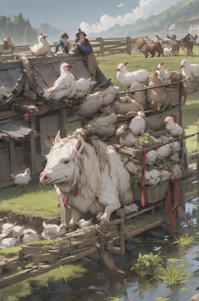 ,欧洲middle Ages,The west,youth,man,farmer,dim,The west龙,Sky中飞龙,farmer,livestock,animal,ox,sheep,dog,pig,Chicken and duck,farmland,village, Keep, outdoor, bird, permanent, cloud, arms, from behind, Sky, cloudy Sky, animal, FOG, middle Ages,farmland,river,war