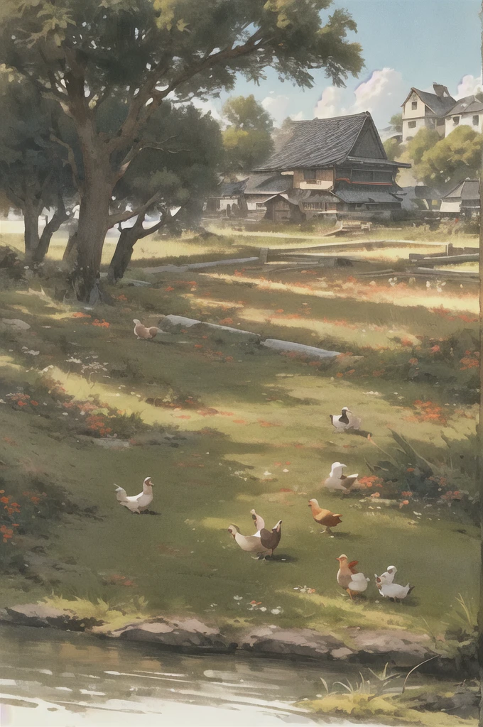 ,欧洲middle Ages,The west,youth,man,farmer,dim,The west龙,Sky中飞龙,farmer,livestock,animal,ox,sheep,dog,pig,Chicken and duck,farmland,village, Keep, outdoor, bird, permanent, cloud, arms, from behind, Sky, cloudy Sky, animal, FOG, middle Ages,farmland,river,war