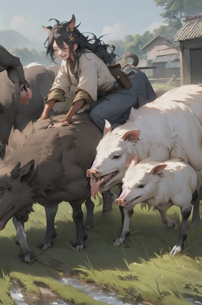 ,欧洲middle Ages,The west,youth,man,farmer,dim,The west龙,Sky中飞龙,farmer,livestock,animal,ox,sheep,dog,pig,Chicken and duck,farmland,village, Keep, outdoor, bird, permanent, cloud, arms, from behind, Sky, cloudy Sky, animal, FOG, middle Ages,farmland,river,war