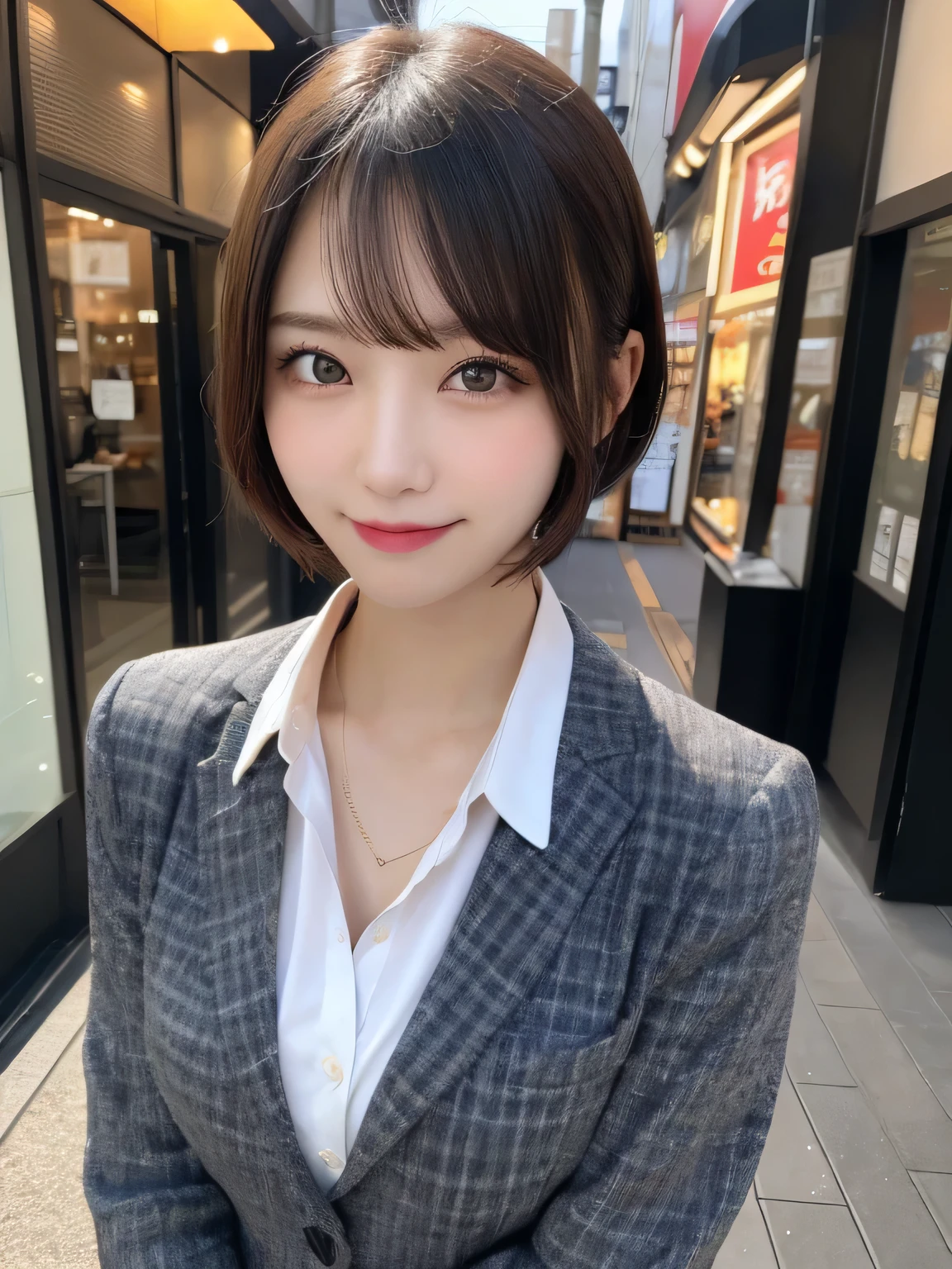 table top, highest quality, figure, Super detailed, finely, High resolution, 8k wallpaper, Perfect dynamic composition figure, detailed and beautiful eyes, suit,short hair,middle of chest, natural color lip, bold sexy pose,smile,Harajuku、20 year old girl、Beauty Department、sexy shot looking at camera、Tokyo city、beautiful skin、