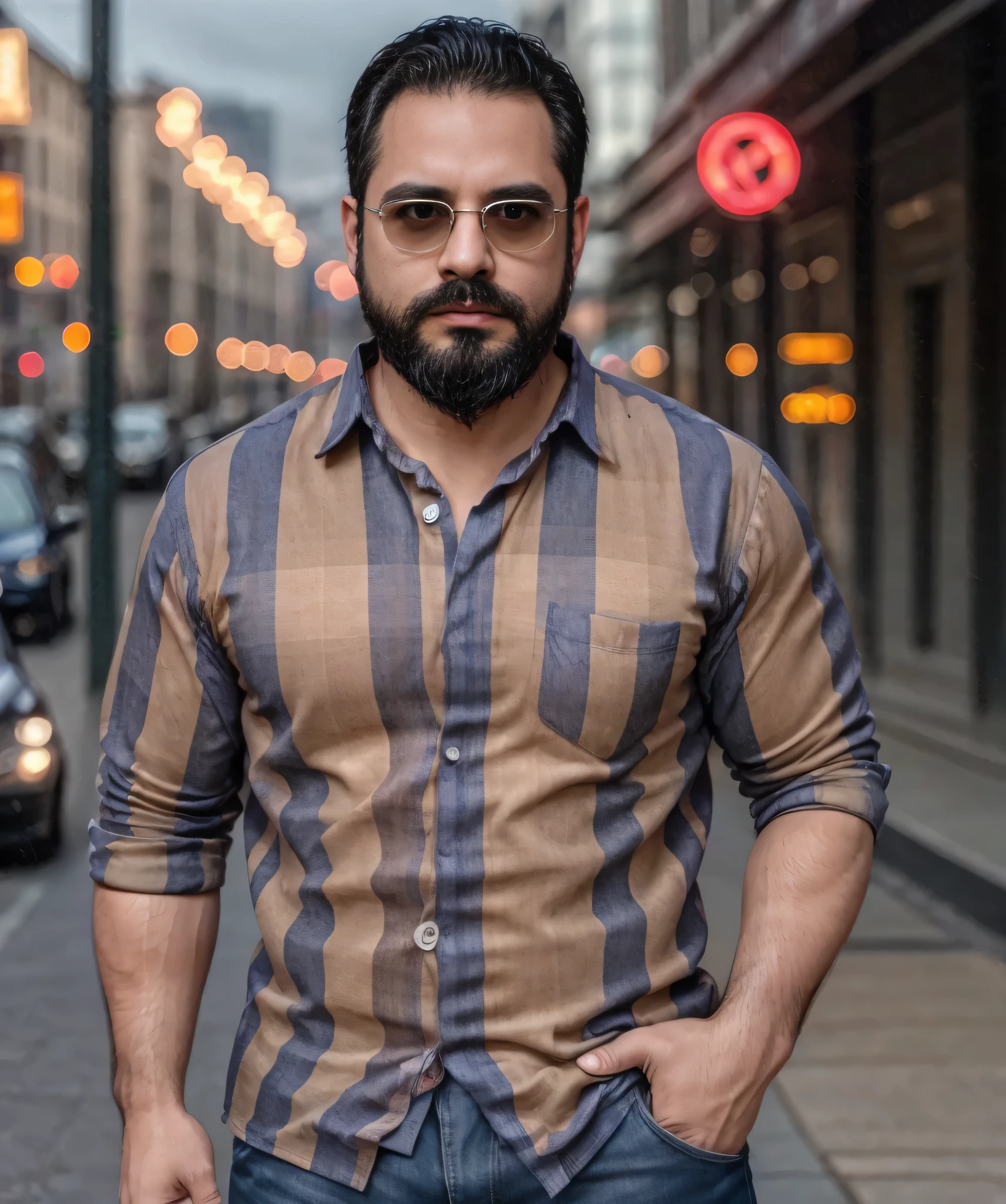 (best quality,4k,8k,highres,masterpiece:1.2), ultra-detailed, realistic:1.37, HDR, studio lighting, professional, vivid colors, bokeh, portraits, man in his late 30s, bearded, wearing sunglasses, wearing formal attire with checkered shirt, walking on the street.