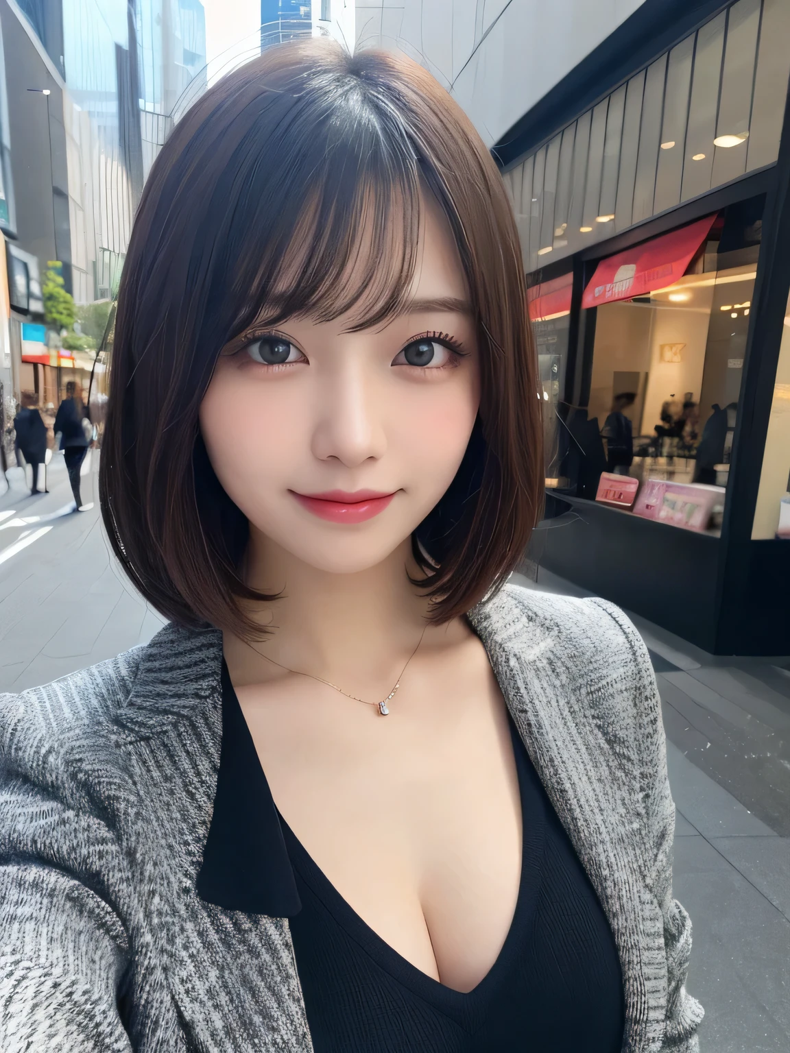 table top, highest quality, figure, Super detailed, finely, High resolution, 8k wallpaper, Perfect dynamic composition figure, detailed and beautiful eyes, suit,short hair,middle of chest, natural color lip, bold sexy pose,smile,Harajuku、20 year old girl、Beauty Department、sexy shot looking at camera、Tokyo city、beautiful skin、