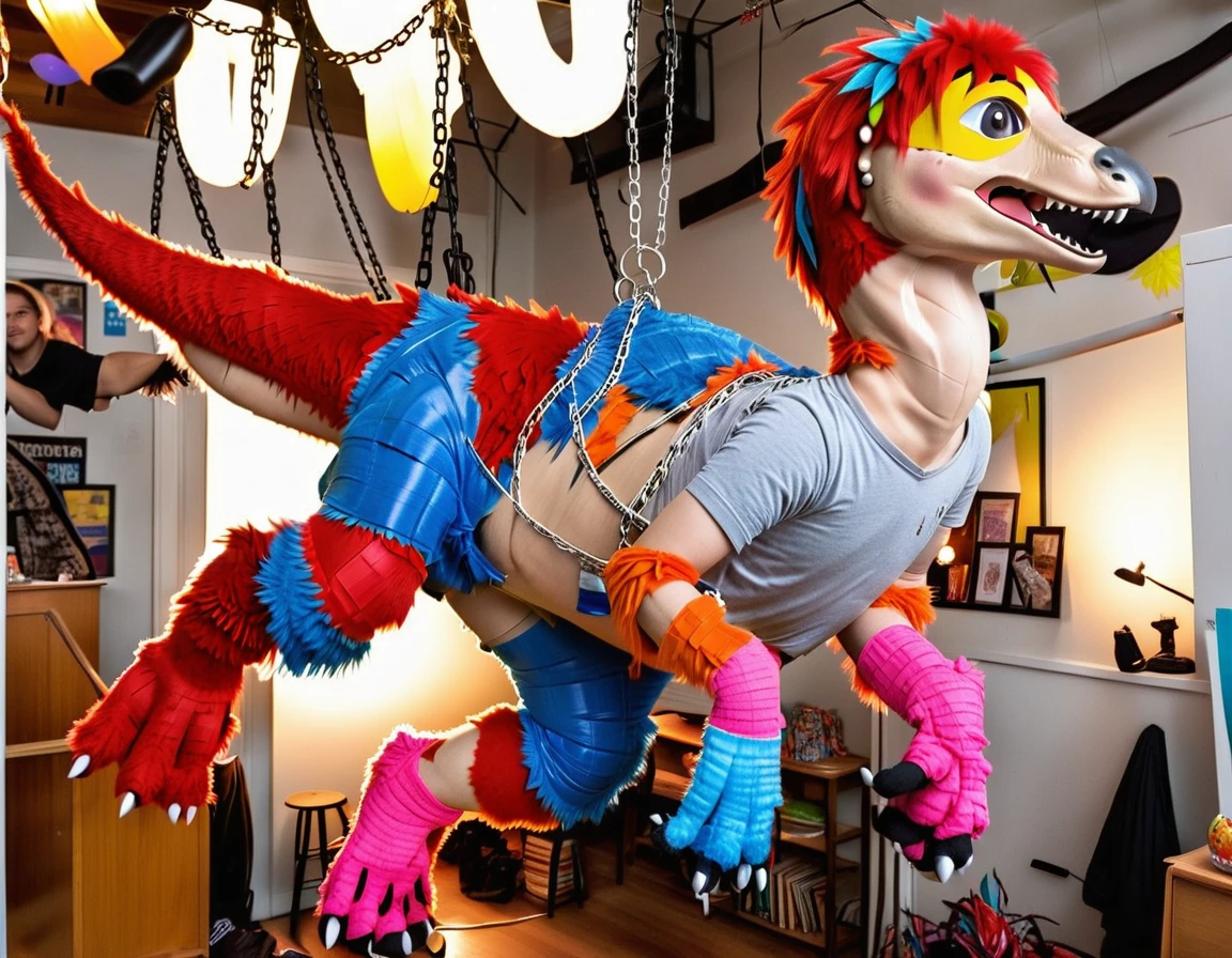 Ultra high resolution, best quality, masterpiece, (involuntary pinata transformation), mid transformation, (a shrunken, terrified, and aroused male human college boy deinonychus velociraptor piñata sexdoll hybrid at college frathouse party:1.9), (upperclassmen gather around in awe to watch you transform:1.65), (you shrink into a mere 2 feet tall and 3 feet long pinata:1.5), (you are hanging suspended in midair from the dorm ceiling by chains attached to your back, wrists, and ankles:1.95), (wearing loose baggy oversized muscle shirt and sweat pants:1.85), (human feathered deinonychus piñata partial hybridization:1.85), (the magic raptor pinata mask morphs and shrinks you into a deinonychus sexdoll piñata:1.6), ((black:1.6) (red:1.45) (pink:1.3) (azul:1.4) (platinum:1.4):2), (part human:1.55), (real life, photorealistic:1.8), (partial feralization:1.7), (NSFW:1.85), (pinata-fication suspension bondage transformation:1.5),