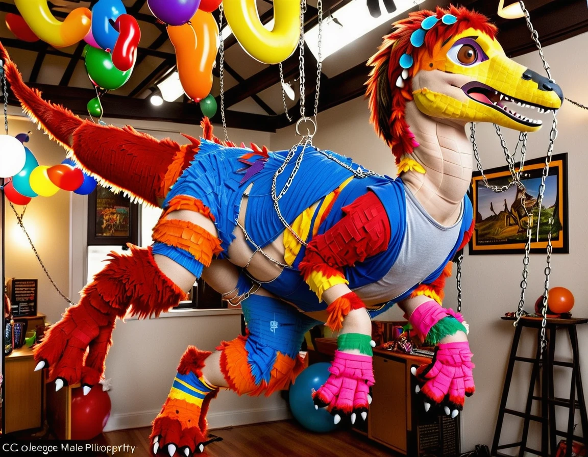 Ultra high resolution, best quality, masterpiece, (involuntary pinata transformation), mid transformation, (a shrunken, terrified, and aroused male human college boy deinonychus velociraptor piñata sexdoll hybrid at college frathouse party:1.9), (upperclassmen gather around in awe to watch you transform:1.65), (you shrink into a mere 2 feet tall and 3 feet long pinata:1.5), (you are hanging suspended in midair from the dorm ceiling by chains attached to your back, wrists, and ankles:1.95), (wearing loose baggy oversized muscle shirt and sweat pants:1.85), (human feathered deinonychus piñata partial hybridization:1.85), (the magic raptor pinata mask morphs and shrinks you into a deinonychus sexdoll piñata:1.6), ((black:1.6) (red:1.45) (pink:1.3) (azul:1.4) (platinum:1.4):2), (part human:1.55), (real life, photorealistic:1.8), (partial feralization:1.7), (NSFW:1.85), (pinata-fication suspension bondage transformation:1.5),