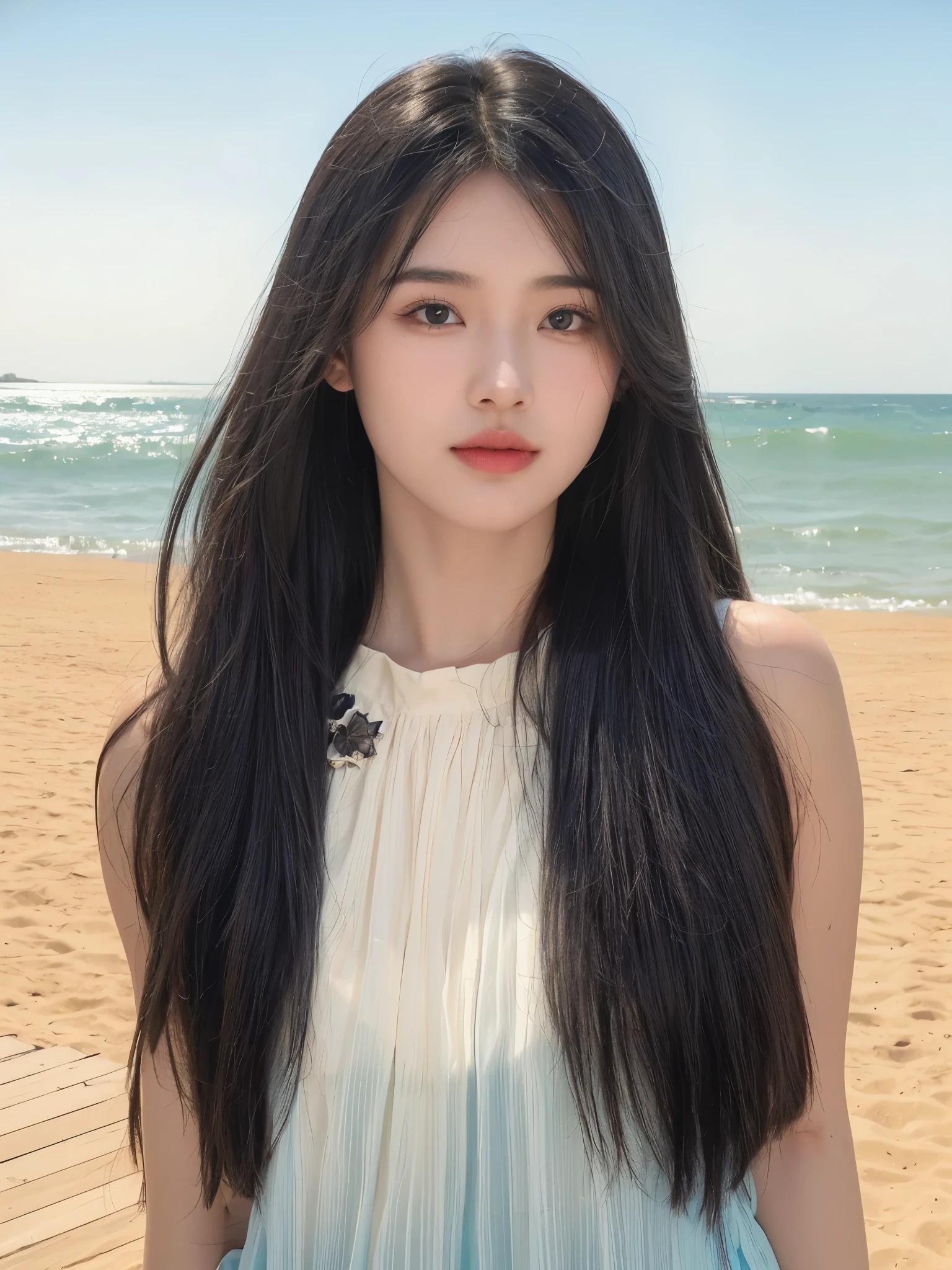best quality, masterpiece, ultra high resolution, (actual:1.4), original photo, ultra high definition,8k,A perfect young female,High picture quality,Black hair,Long hair flowing over the shoulders,Beach wave hairstyle,Hydrated red lips,Real Human,CG rendering