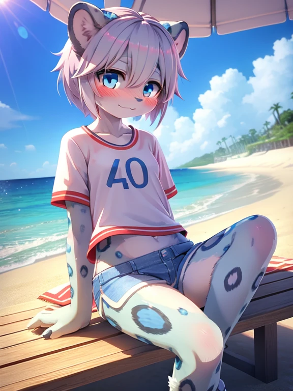 Snow Leopard Female, alone, External, Detailed hair, young 雪豹，short sleeves，shorts, Blushed, playful,Slim，young, Detailed background, Detailed fanart, pixiv, number, masterpiece, high quality, High resolution，sitting on the beach，3D