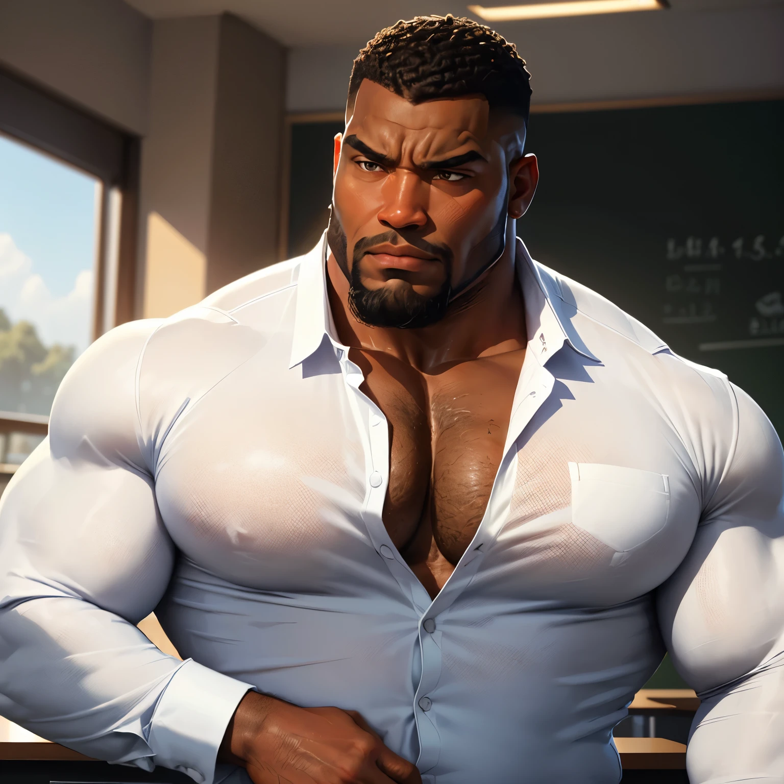 an exaggeratedly muscular and large bodyguard, beefy build, beard, dark-skinned african american male, buzzcut hair with square line, (worried expression: 1.2), (wearing white business casual shirt: 1.2), barely buttoned, school logo on shirt, (bara pecs: 1.3), (arm and ????? hair: 1.1), portrait HD, (cowboy shot), dutch angle, (classroom)
