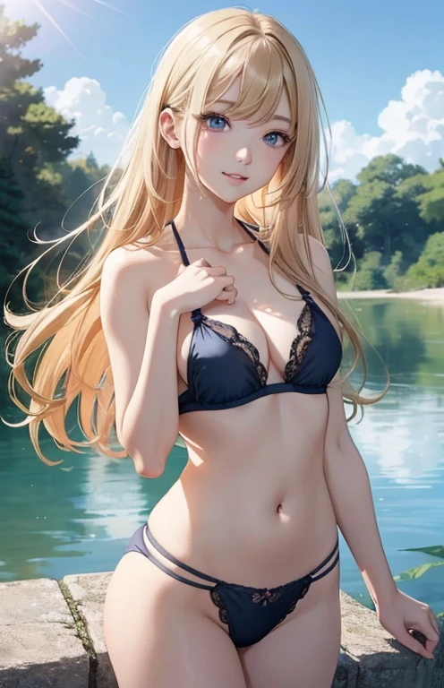 masterpiece、highest quality、High resolution、high quality images、8K, 1 female、skin luster、Texture of skin and clothing、Expression of fine eyes、Shiny golden hair,long hair girl, Manga inspired by Lee Jong-suk, trending on deviantart, realism, detailed manga style, manga art style, perfect line drawing, beautiful line drawing, digital manga art girl, K-POPアイドル, dress, beautiful blue eyes, plump lips, detailed gorgeous face, (cute smile), charm, innocent, Side view, (perfectly detailed face), (fine hands) photorealistic images, Depth of written boundary, Princess hairstyle, warm sunshine, bikini swimwear , Corolla on the head , cloud,sky sky,sunset ,The skin is delicate,