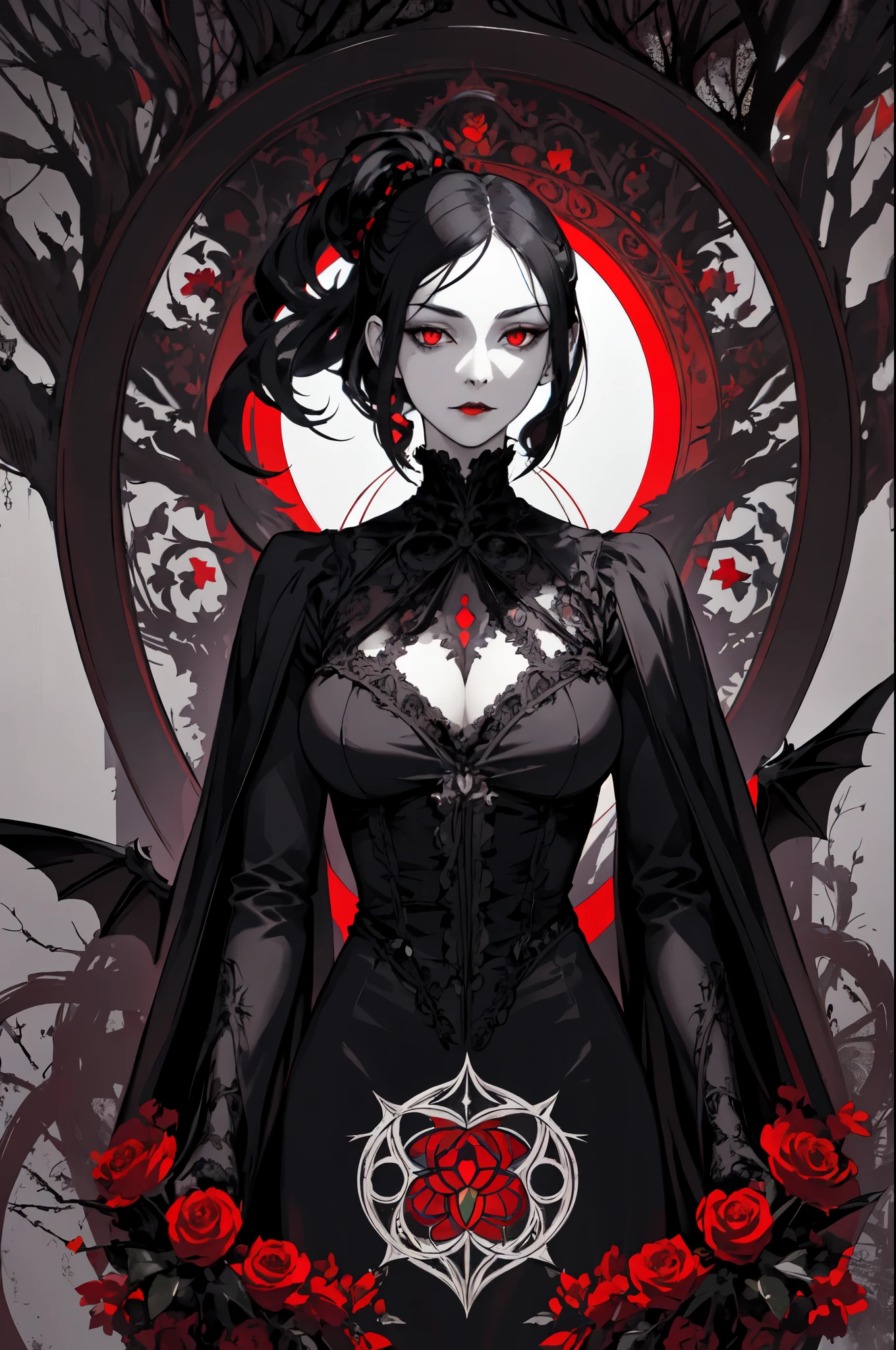 Basic Art Nouveau，Vampire woman with black hair and red eyes，short hair，（upper body portrait），young，(((Oval face)))，dark clothes，Soft and melancholy face，Beautifully，No wrinkles，gothic style，Synthwave meets Art Nouveau，Bold and smooth lines，Dynamic composition of organic Art Nouveau patterns，Intricate roses and patterns intertwined with geometric shapes，Characters that embody vampires Mysterious Gothic atmosphere，calm expression，Art Nouveau pattern dress，Digital grid landscape with natural forms，Neon-like outline effect reminiscent of stained glass，White background，high contrast，Easy to color，Visual clarity，French Art Nouveau，80s vaporwave art style。Maximum details，