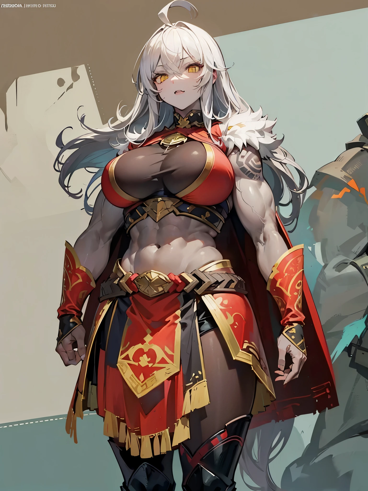 Ultra Detailed, big breast, 1girl, Official Art, Unity 8k Wallpaper, fanart, commissioned art, professional artist, digital art, alluring, ((flat color)), ((celshade)),

giant ogre woman, ((gray skin)), pale skin, yellow eyes, white hair, fur armor, berserker woman, ((thick body)), big breast, tall girl, tribal tattoo around eyes, berserker armor, fang teeth