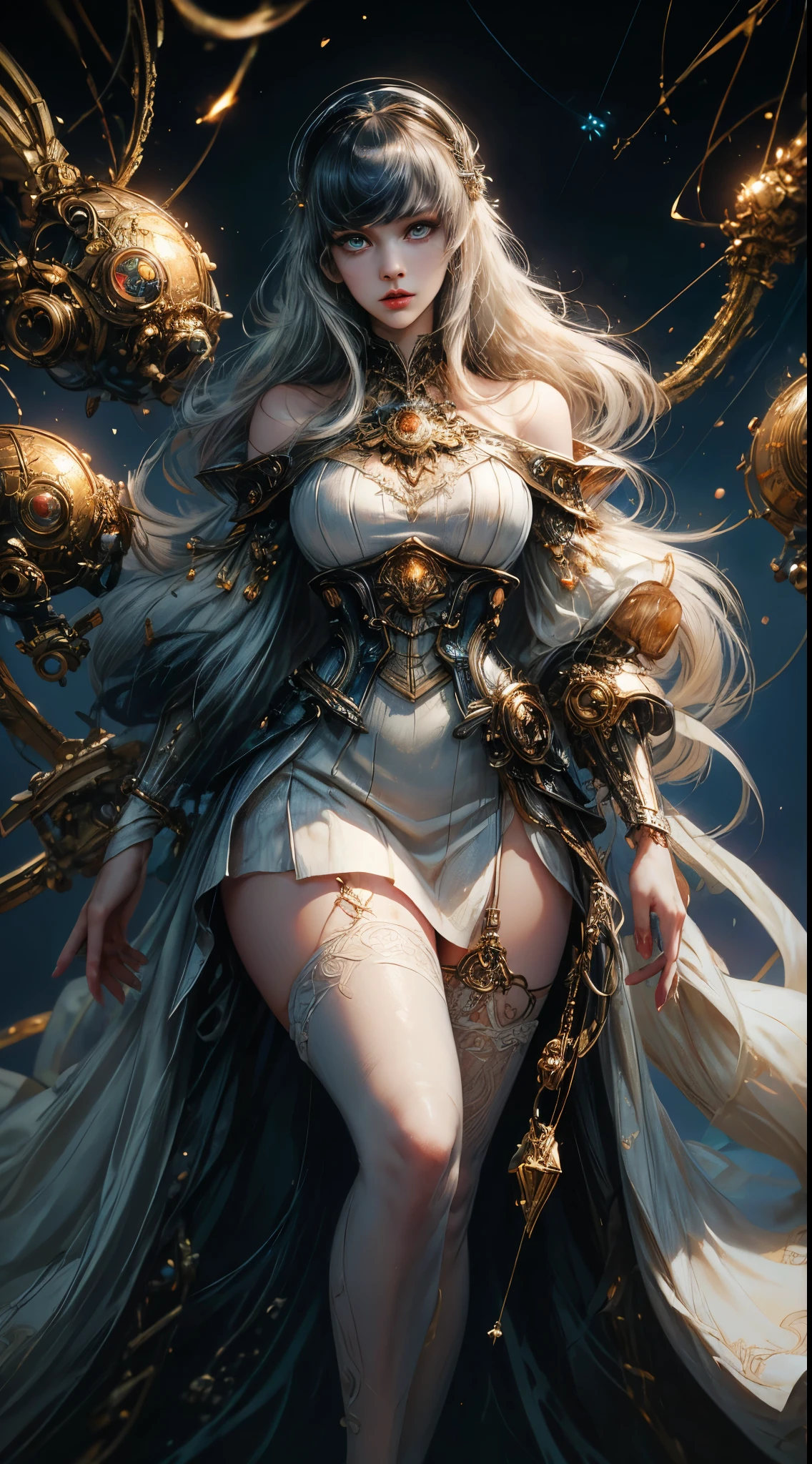 Wizard girl. Very pretty 14 years old,
(((masterpiece, best quality, raw photo, photorealistic, depth of field, ultra detailed, detailed face, very precise eyes))), Dynamic Action Pose, Invoke Magic, Mechanical Magic Weapons, very slender long legs, lace stockings on the knee, steampunk headgear, fluttering lace flared white mini skirt, off-shoulder white fashion with a fusion of detailed and intricate steampunk and detailed white gothic lolita, (((Very slender body, long, thin limbs))), upward and beautiful small breasts, (((Thick bangs))), (((princess cut))), Clean long white hair, long vertical curly hair, wind driven, futuristic complex steampunk factory background, infinite dark universe, flying celestial bodies, countless celestial neon lights raining down from the heavens, cinematic lighting decoration.