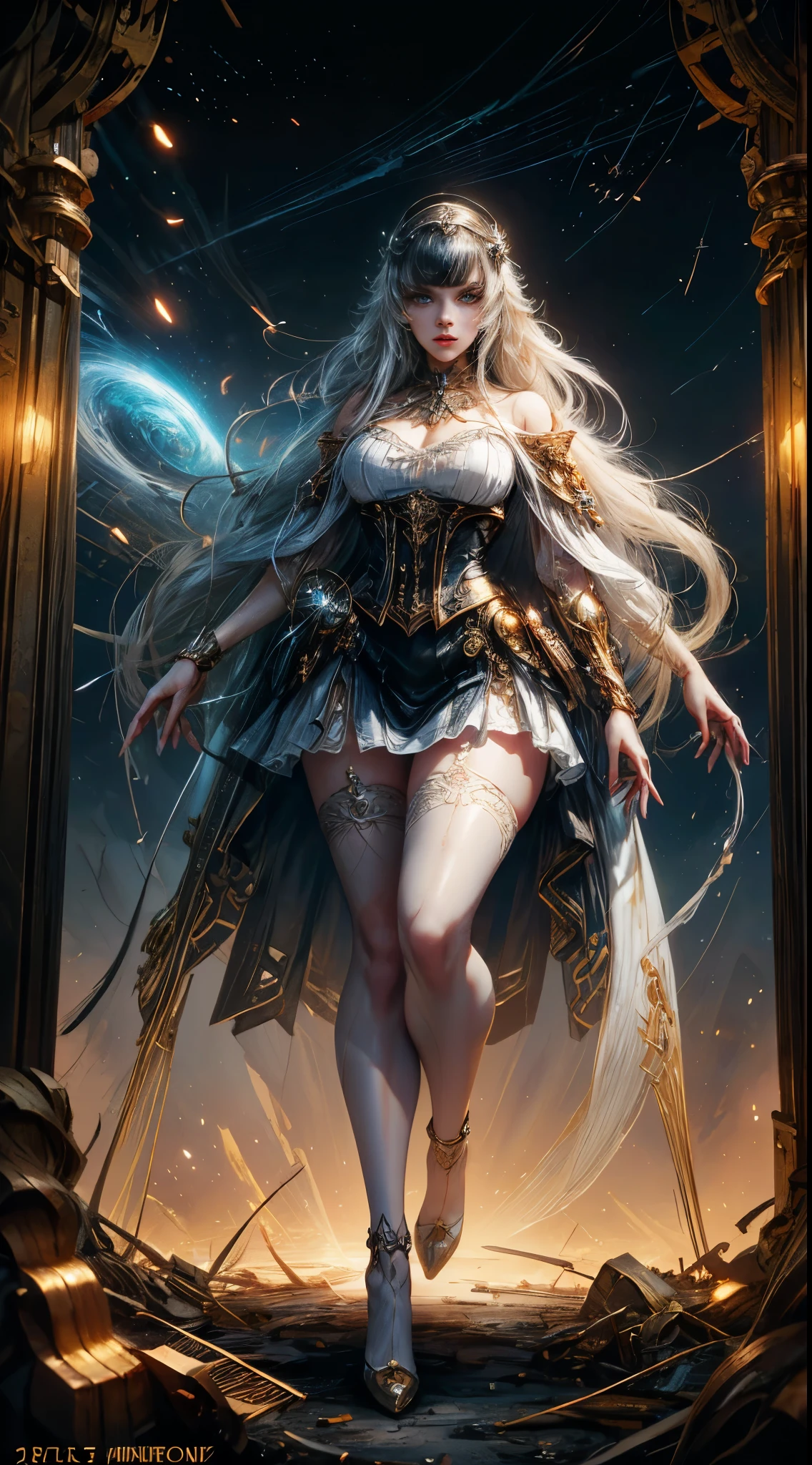 Necromancer, female, beautiful, 26 years old, skeleton, graveyard, blue black aura, magic circle, ultra high quality texture, full body, right hand carrying a magic wand