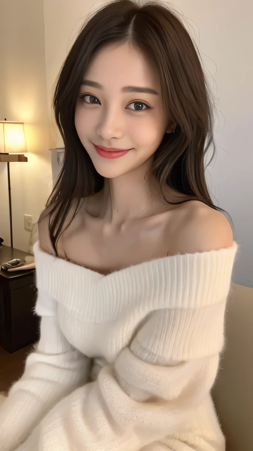 ((highest quality, 8K, masterpiece:1.3)), concentrated:1.2, perfect body beauty:1.4, nipples are erect、buttocks:1.2, ((delicate hair)), (color white、black、red、Off-the-shoulder fuzzy-trimmed body-con sweater dress、 :1.1) , ((highest quality、8K、masterpiece:1.3))、201 female generation、Smile、smile、Full body Esbian、slim face、big 、Beautiful woman、Pawnee Tail、(dark brown hair)、1.1、flickering valley、detailed eyes、double eyelid、blurred background、slim face、look down、living、