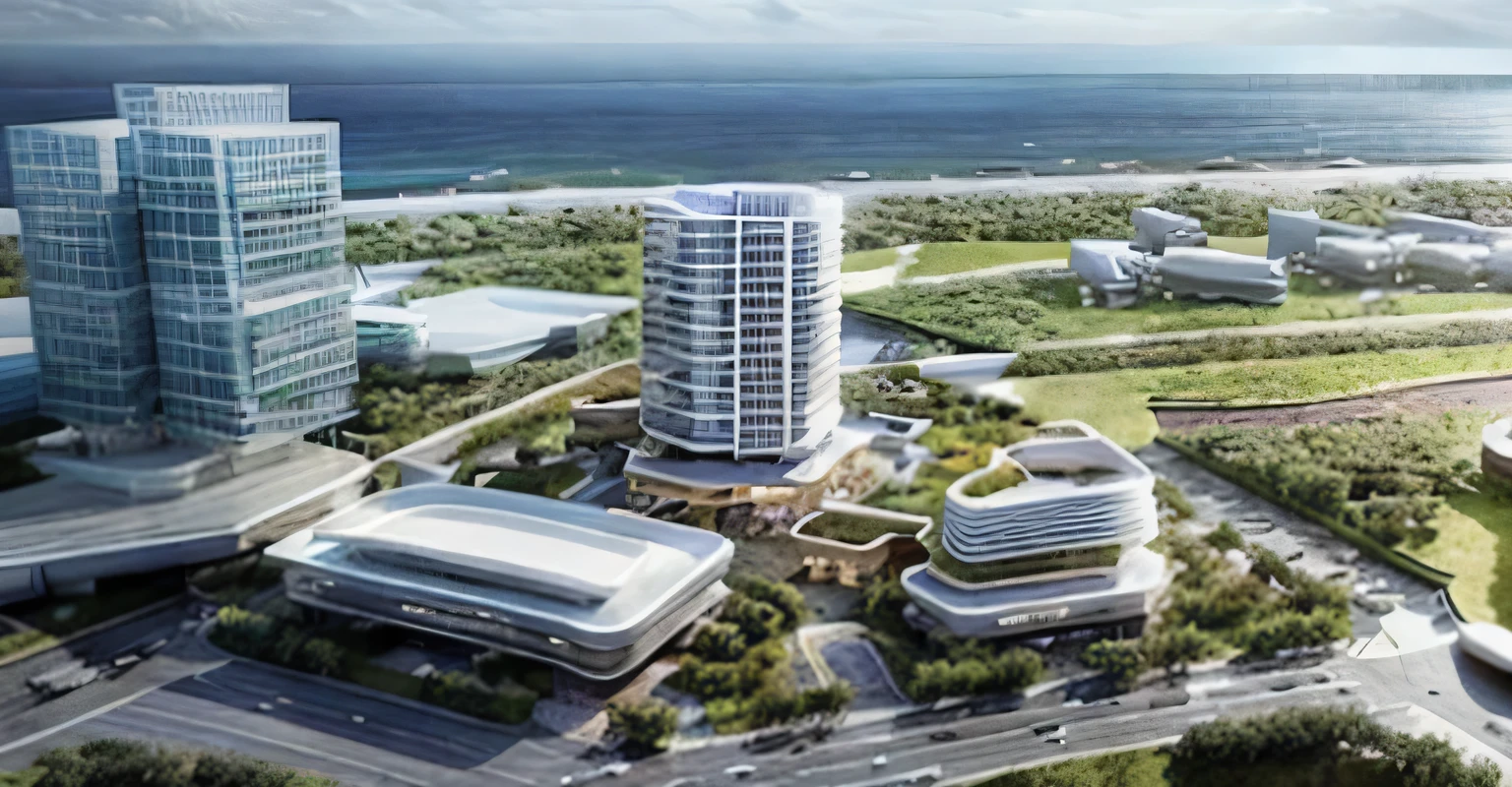An urban area, with high-rise buildings, pedestrian bridges, townhouses, villas, a river passing through the land, parks, trees, clear roads, bustling vehicles, beautiful lighting, true, afternoon sun, rendering of a building with a green roof and a river, mantra rendering, rendering, artist's impression, artist impression, conceptual rendering, digital rendering, concept image, artists impression, pre-rendered, detailed rendering, rendering of checkmate, conceptual, in a beachfront environment, concept, rendered, architectural render, 3 / 4 view, 3/4 view